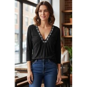 Parabeau 3/4 Sleeve V-Neck Top Women's XS Embroidered Goth Tunic Vacation NWT